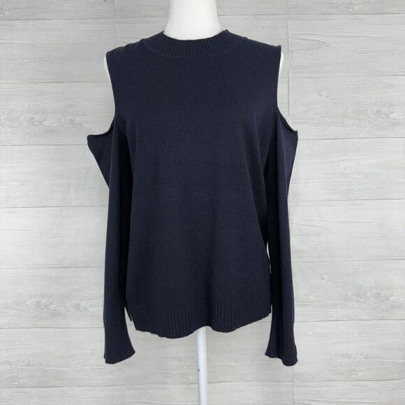 Iris & Ink Diana 100% Cashmere Sweater Jumper Women L Cold Shoulder Navy Blue - Picture 1 of 15